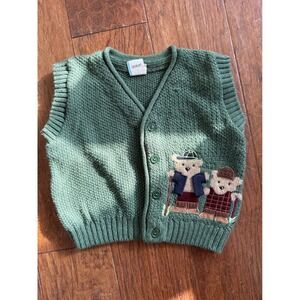 Kids Green Sweater Vest 18 Months Bear Applique Button Front Vintage‎